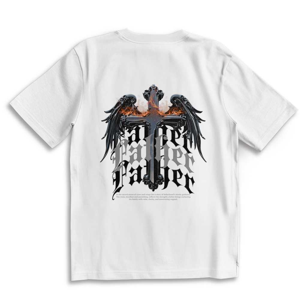 Sacred Guardian – White Oversize T-Shirt – Streetwear für Väter – Rückenansicht | Vaterstück