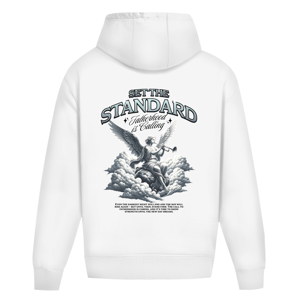 Set The Standard – White Oversize Hoodie – Streetwear für Väter – Rückenansicht | Vaterstück