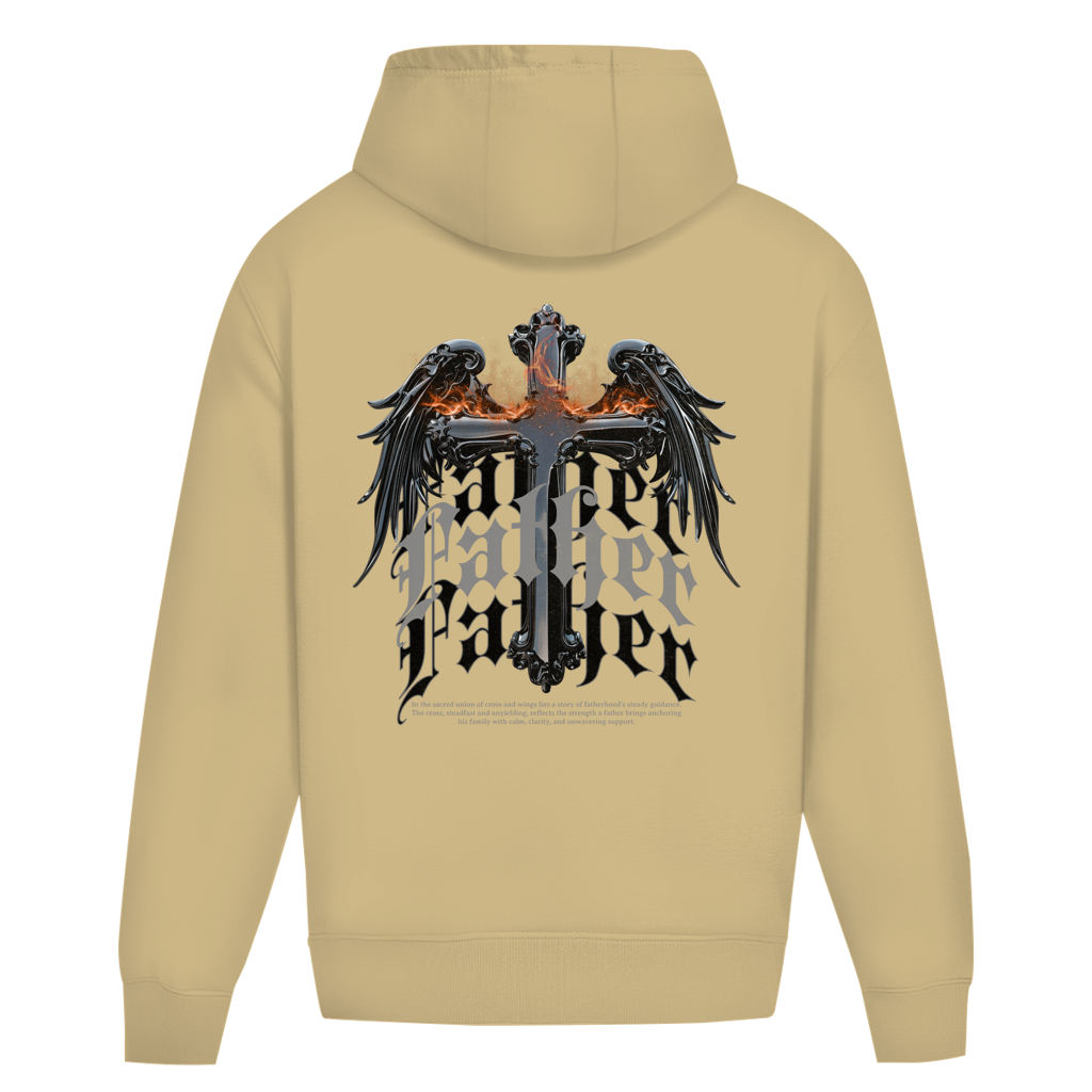 Sacred Guardian – White Sand Oversize Hoodie – Streetwear für Väter – Rückenansicht | Vaterstück