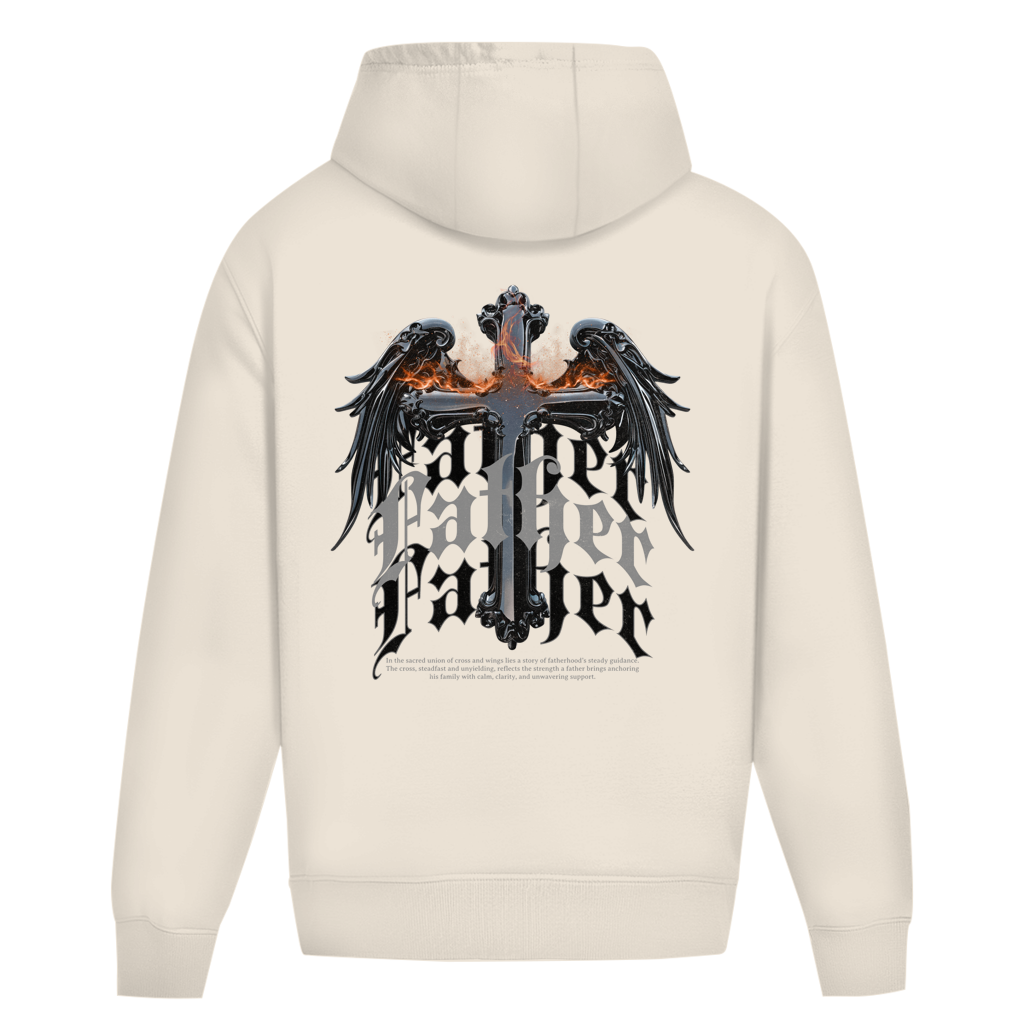 Sacred Guardian – White Oversize Hoodie – Streetwear für Väter – Rückenansicht | Vaterstück