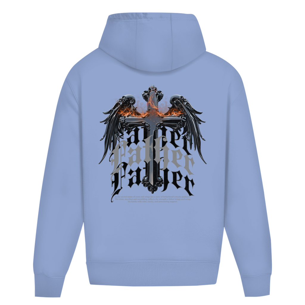 Sacred Guardian – Powder Blue Oversize Hoodie – Streetwear für Väter – Rückenansicht | Vaterstück